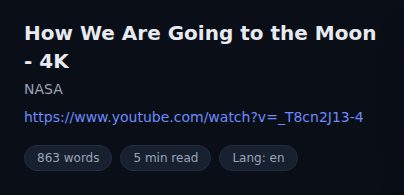 The top of a LinkTranscript result: video title, channel, source link, and chips for word count, reading time, and caption language