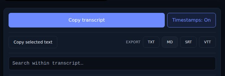 The Export row on a LinkTranscript transcript page with TXT, MD, SRT, and VTT buttons