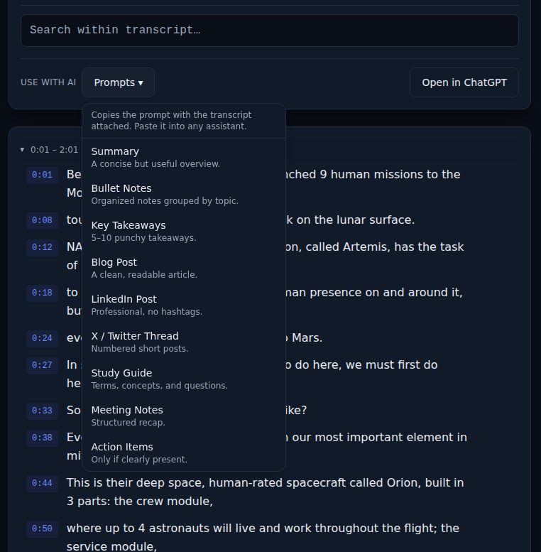 The Prompts menu open on a transcript page, with Study Guide among the entries