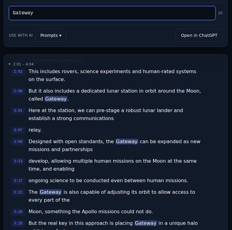 The example transcript with "Gateway" typed in the search box: the count reads 10 and each occurrence in the transcript is highlighted