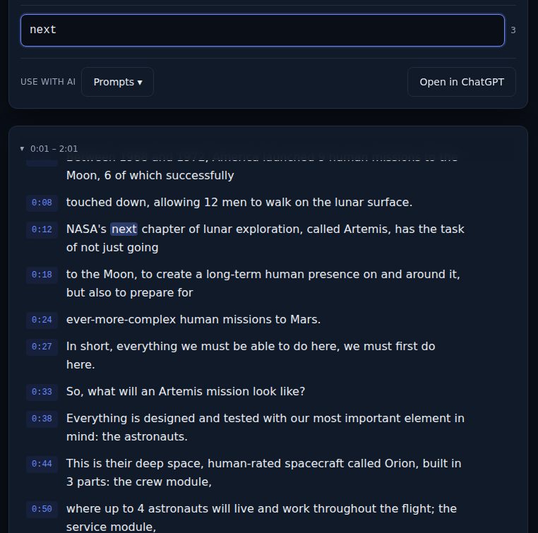 The example transcript with "next" in the search box, the count beside it, and the matches highlighted in the transcript
