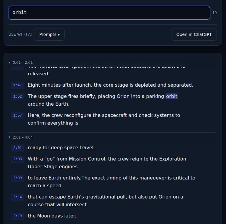 The example transcript with "orbit" in the search box, the count beside it, and every occurrence highlighted