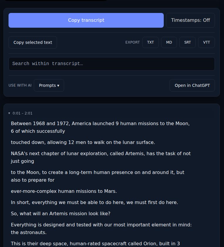 The example transcript with the Timestamps toggle set to Off, so the caption lines read as continuous prose beside the player