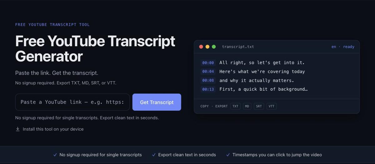 The LinkTranscript home page: a box to paste a YouTube link, a Get Transcript button, and a preview of a timestamped transcript