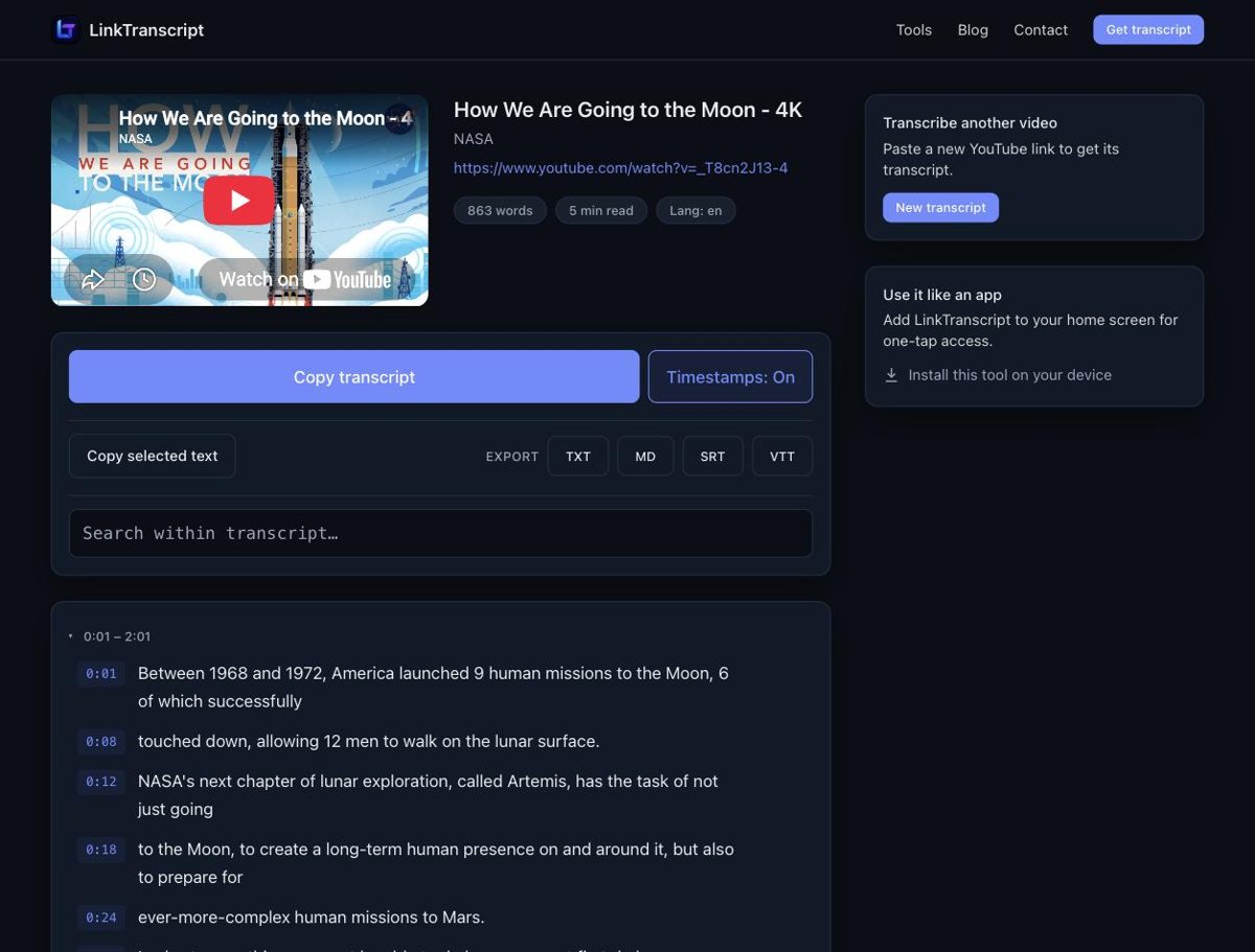 A LinkTranscript result page for a NASA video: embedded player, 863 words, 5 minute read, copy and export buttons, and the transcript with clickable timestamps