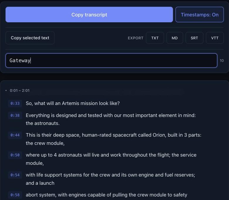 The transcript search box with the word Gateway typed in and a match count of 10 beside it, above the timestamped transcript lines